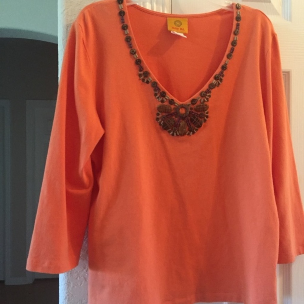 Ruby Rd. orange Embellished V Neck Top M